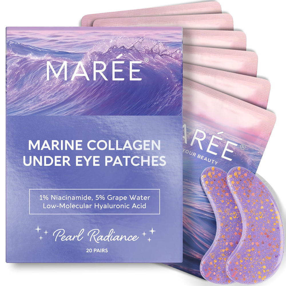 MAREE Violet Eye Gels packaging highlights marine collagen benefits.