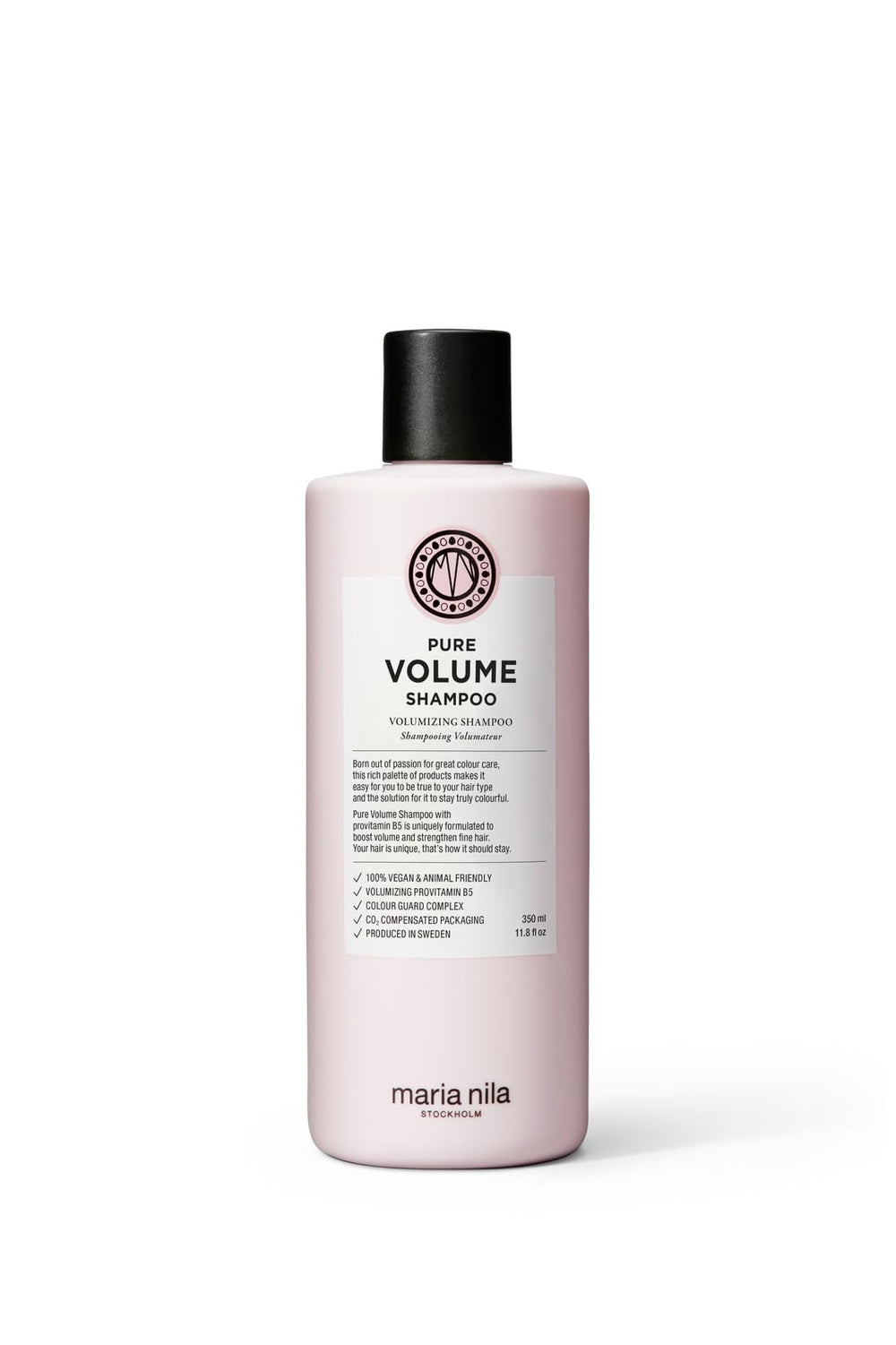 Maria Nila Pure Volume shampoo botella: aporta volumen y limpieza suave para cabellos finos.