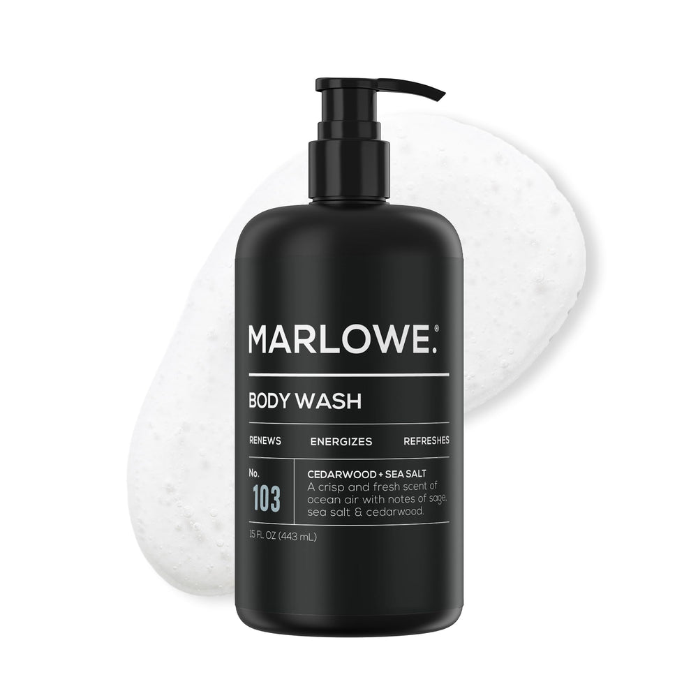MARLOWE No.103: botella de gel de ducha con cedro y sal marina, sensación refrescante.