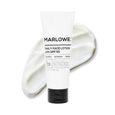 MARLOWE No 128 SPF 50 facial lotion bottle shows lightweight daily protection for men