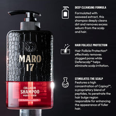 MARO17 Collagen Shampoo rich foam in action on damp hair.
