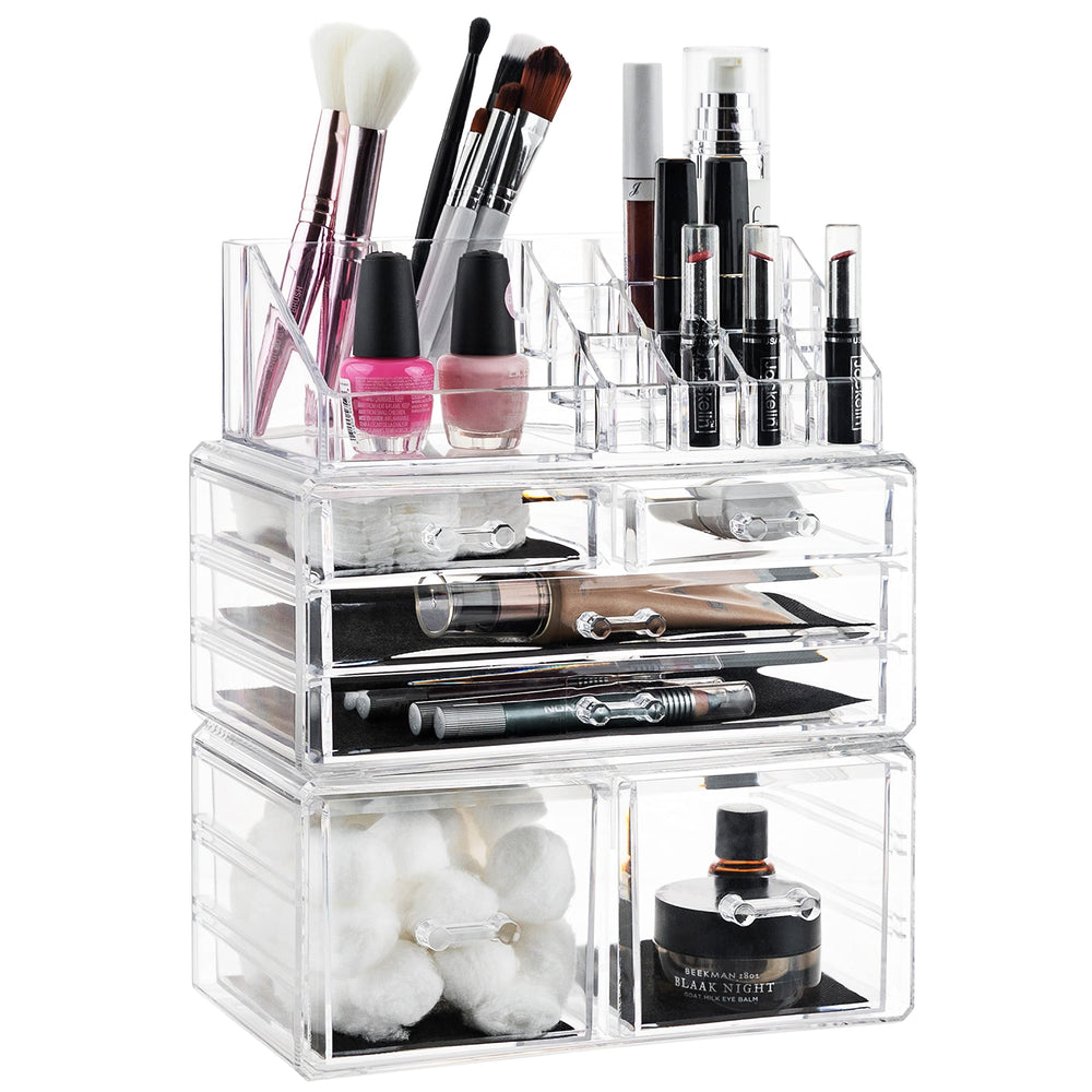 Masirs organizador cosméticos transparente, vista frontal para ver maquillaje de un vistazo.