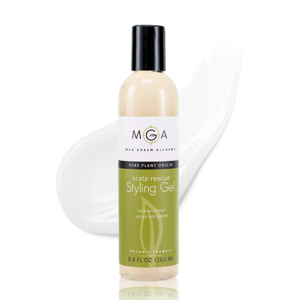 Gel rescate cuero cabelludo Max Green Alchemy, botella visible, cuidado capilar orgánico.