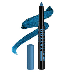 Maybelline Color Tattoo Stix Extravagante azul brillo frente, sombra de larga duración.