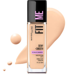 Base Maybelline Fit Me, fondo líquido porcelana, frasco práctico para uso diario con brillo suave.