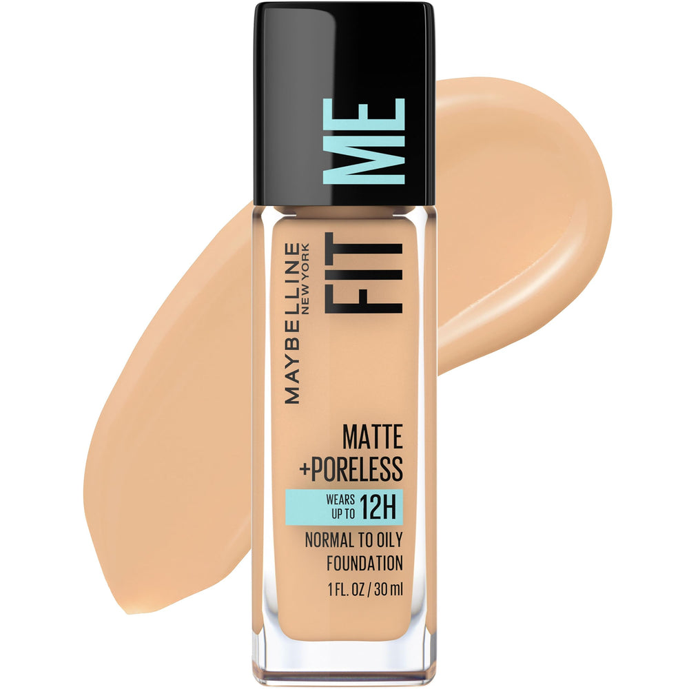 Maybelline Fit Me Matte + Poreless en botella, acabado mate natural para piel grasa.