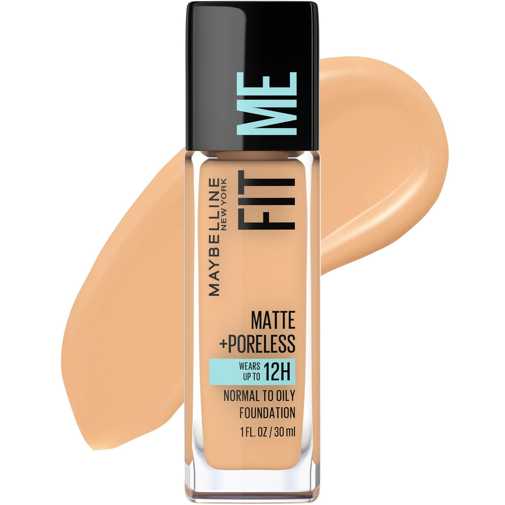 Maybelline Fit Me Matte Poreless, fondo botella, acabado mate natural para piel normal a grasa.