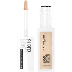 Maybelline Corrector líquido Super Stay en primer plano, cobertura duradera para un look natural.