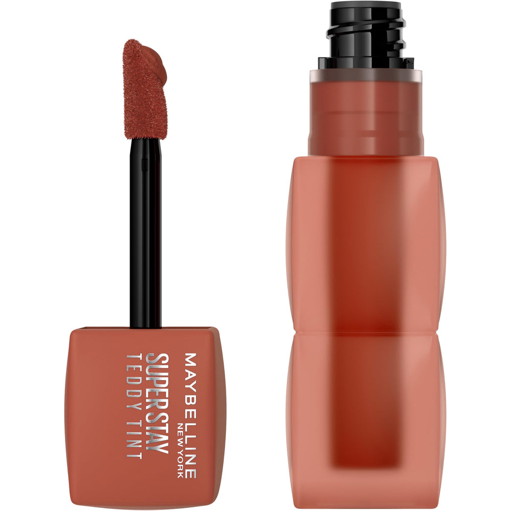 MAYBELLINE Super Stay Teddy Lip Tint, envase elegante con color duradero para todo el día.
