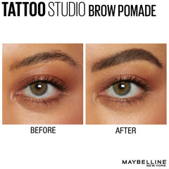 Maybelline TattooStudio Brow Pomade desliza suave para rellenar con consistencia mate.