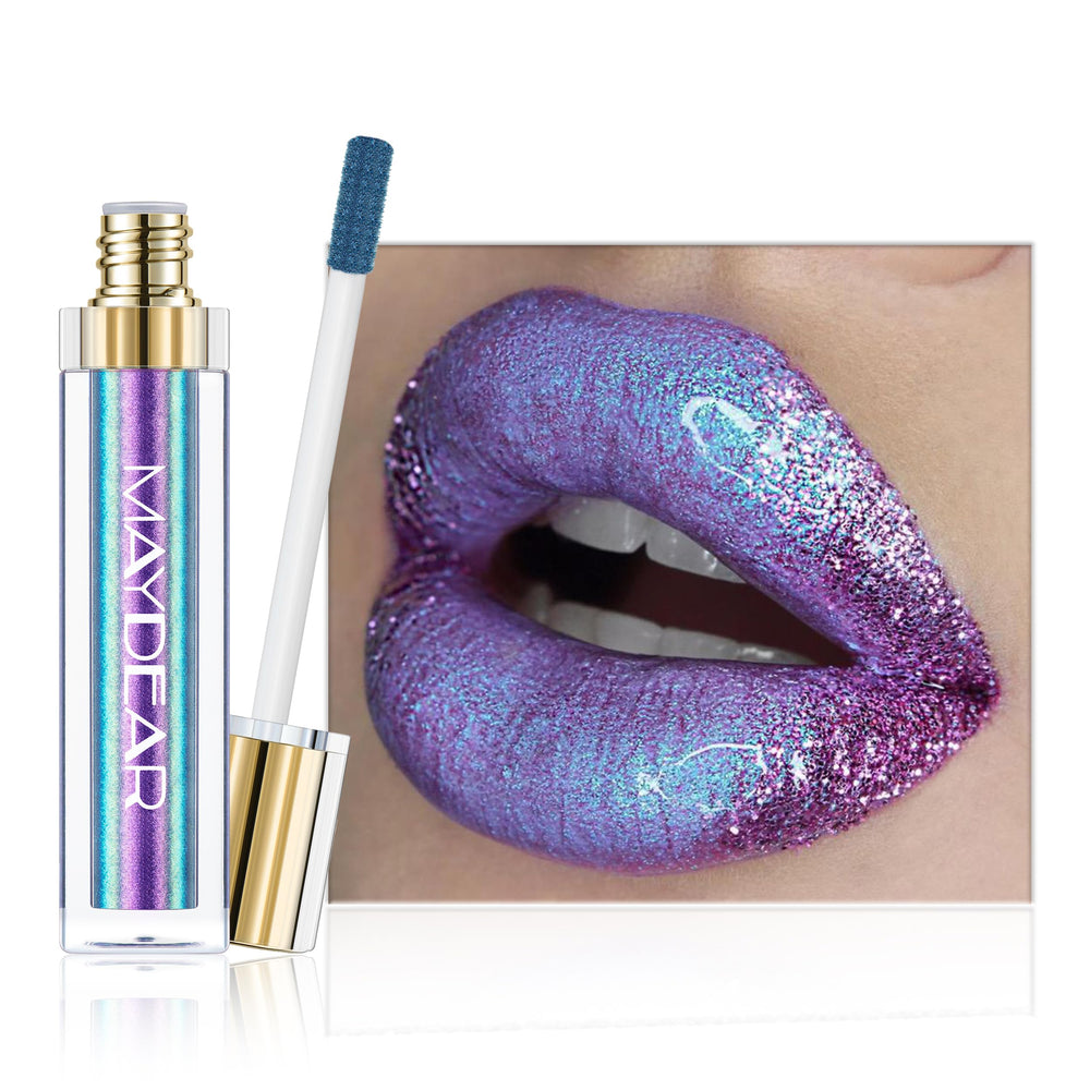 Maydear Chameleon Lipstick bottle closeup reveals premium metallic sheen for bold daily glam.