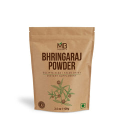 MB Herbals Bhringraj, polvo puro, embalaje compacto para cuidado capilar diario.
