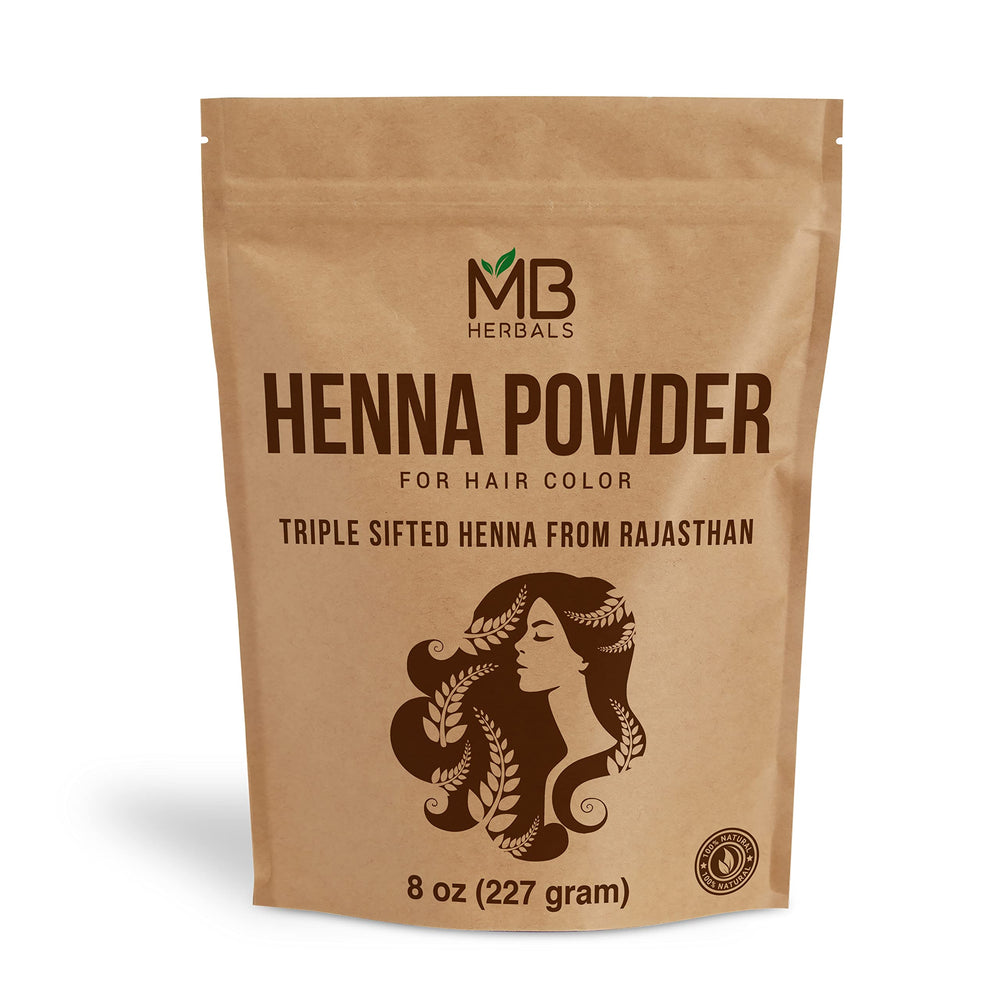 MB Herbals Henna en polvo en envase, color naranja-rojizo natural para cabello.