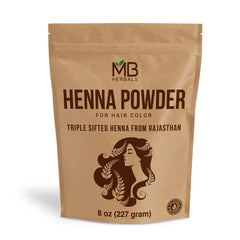 MB Herbals Henna en polvo en envase, color naranja-rojizo natural para cabello.