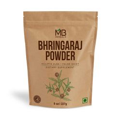 MB Herbals polvo bhringraj de hojas secas, ideal para cuidado capilar natural.