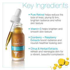 MD Complete: ingredientes clave como retinol y vitamina C para tono de piel más claro