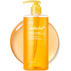 Medicube lavado corporal iluminador con acido kojico y curcuma: botella visible para piel uniforme.