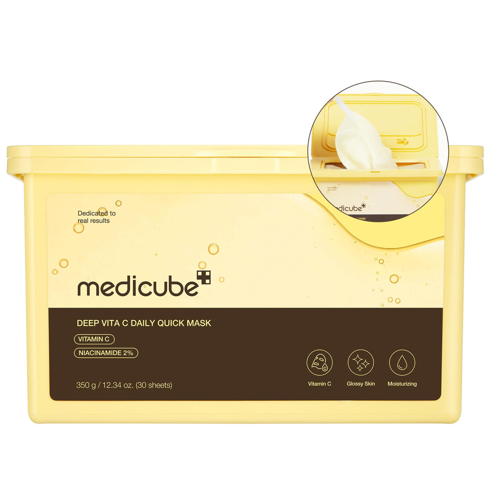 mascarilla medicube deep vita c, empaque elegante para hidratacion suave diaria