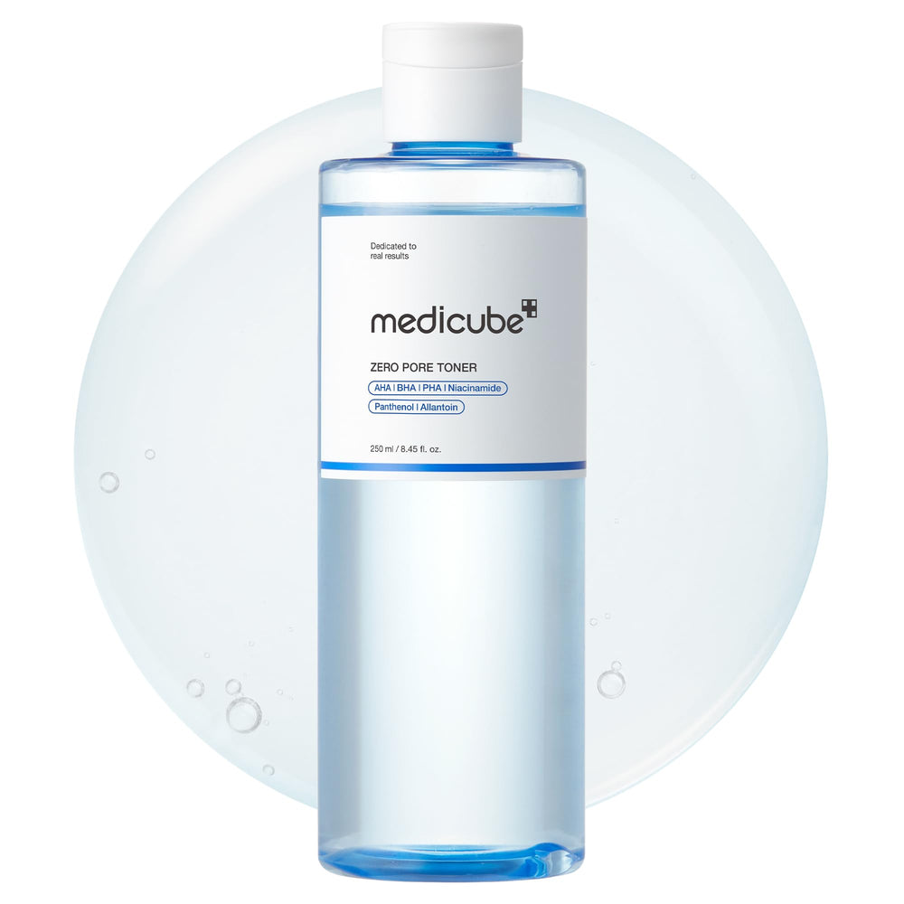 medicube Zero Pore Toner, botella azul, hidratación rápida para la piel.