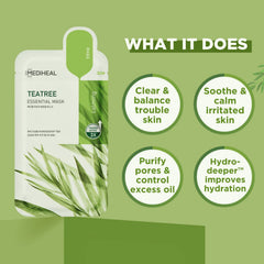 Mediheal Tea Tree Face Mask packaging front emphasizes soothing, balancing hydration