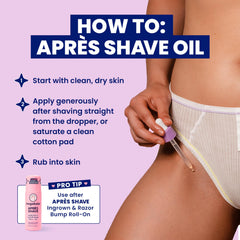 Megababe Après Shave Oil, ingredientes naturales, nutrición suave para piel sensible.