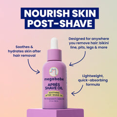 Megababe Après Shave Oil, textura ligera y no grasa, sensación cómoda tras afeitado.