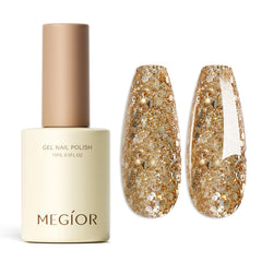 MEGIOR Esmalte gel dorado brilla con acabado deslumbrante y duradero.