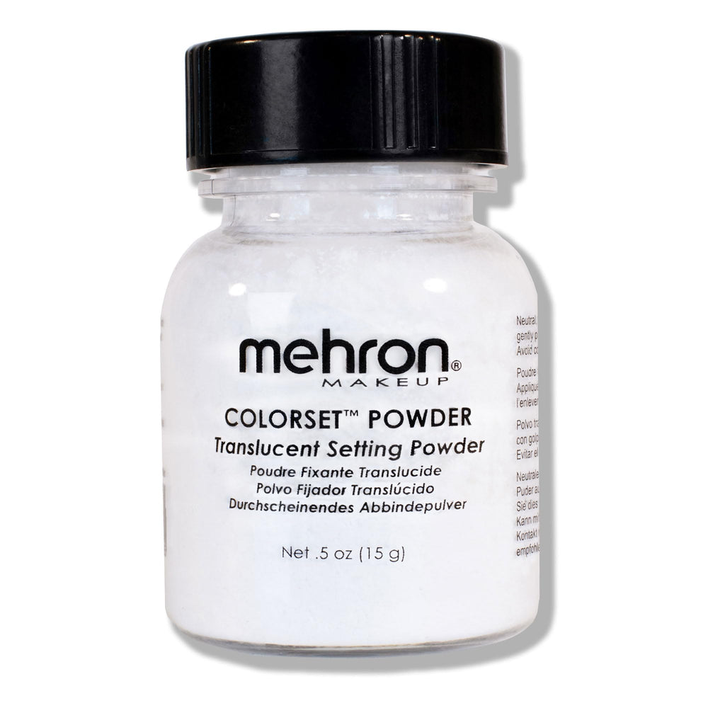 Polvo translúcido Colorset de Mehron en envase, fijando maquillaje de crema.