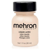 Mehron Látex Líquido, botella tono piel clara, ideal para cubrir áreas y crear efectos realistas.