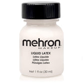Mehron Látex Líquido: botella clara, facilita adhesión de prótesis faciales con acabado natural.