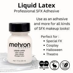 Mehron Látex Líquido: textura de piel para efectos realistas y duraderos.