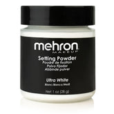 Mehron polvos fijadores sueltos Ultra Blanco en frasco para fijar maquillaje.
