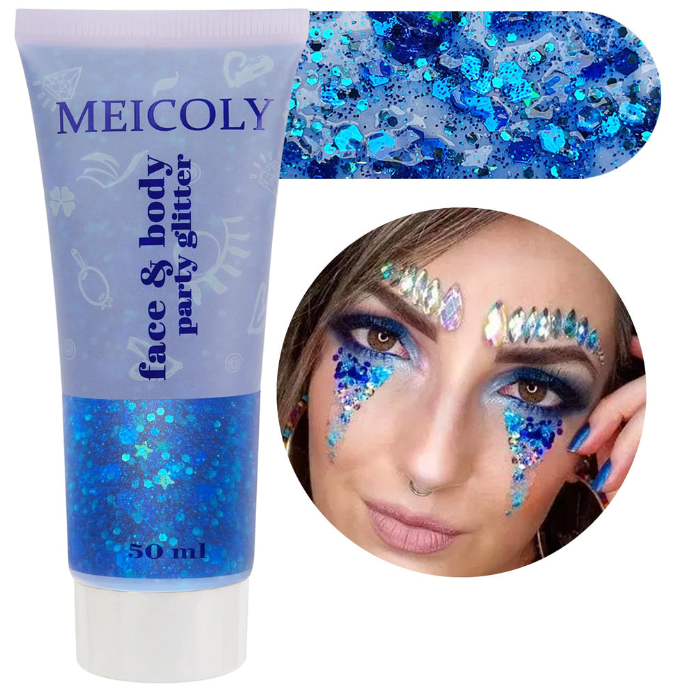 MEICOLY glitter azul para cuerpo, ideal para looks festivos.