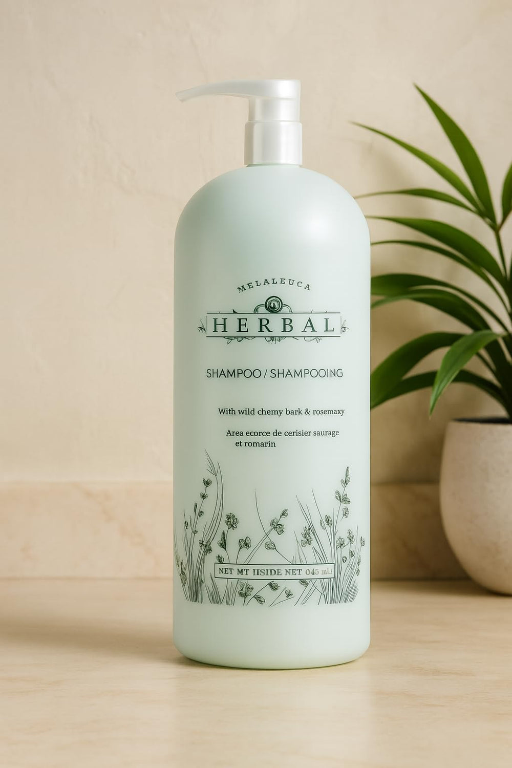 Champú de hierbas Melaleuca con dispensador: dosificación cómoda para uso diario.