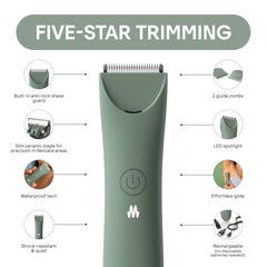 Meridian Slimmer Trimmer ofrece cuchilla cerámica para piel sensible sin irritación.