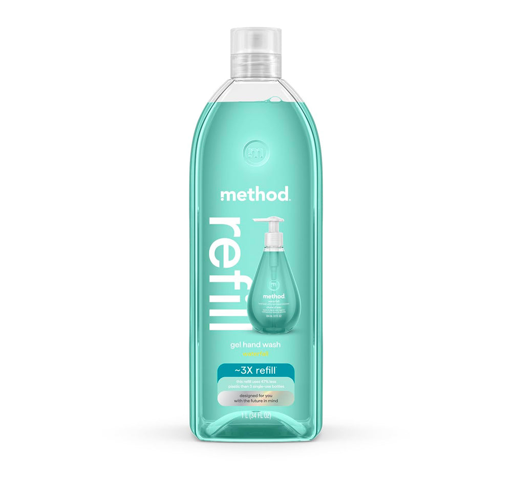 Method recarga gel manos Waterfall 34 oz, ideal para rellenar dispensador.