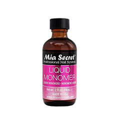 Mia Secret líquido monómero, botella con apertura segura, favorece una aplicación estable para uñas acrílicas.