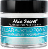 Mia Secret polvo acrílico claro en envase para uñas profesionales.