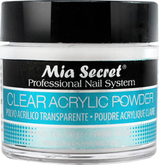 Mia Secret polvo acrílico claro en envase para uñas profesionales.