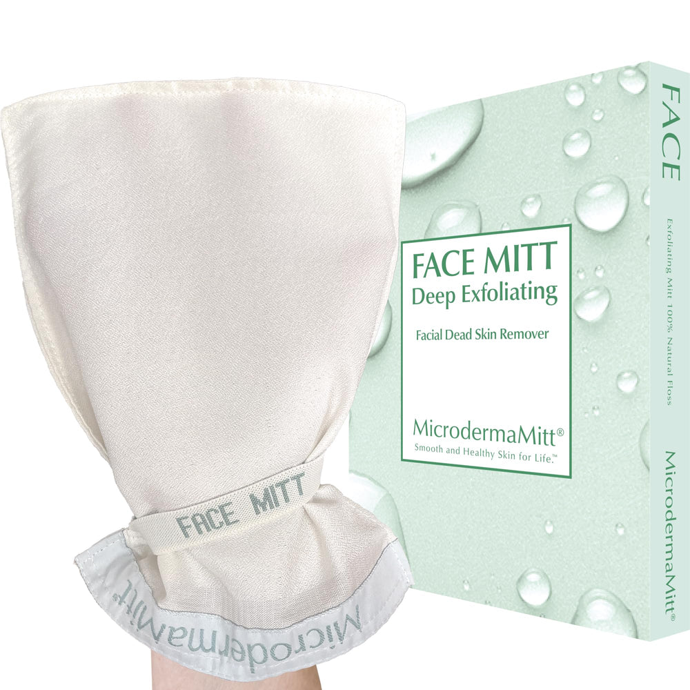 MicrodermaMitt exfoliación facial profunda para una piel más suave y luminosa tras la ducha.