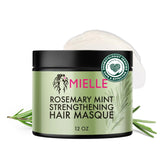 Mascarilla fortificante Mielle Romero-Menta, botella de 12 oz, para tratamiento intensivo del cabello.