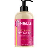 Gel de miel y jengibre de Mielle Organics para cabello: botella-vertido, peinado.