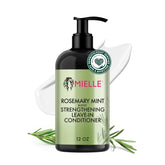 Acondicionador sin enjuague Mielle Organics romero-menta; bote para aplicación suave en rizos.
