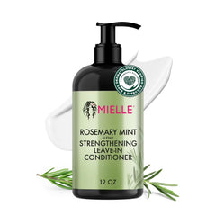 Acondicionador sin enjuague Mielle Organics romero-menta; bote para aplicación suave en rizos.