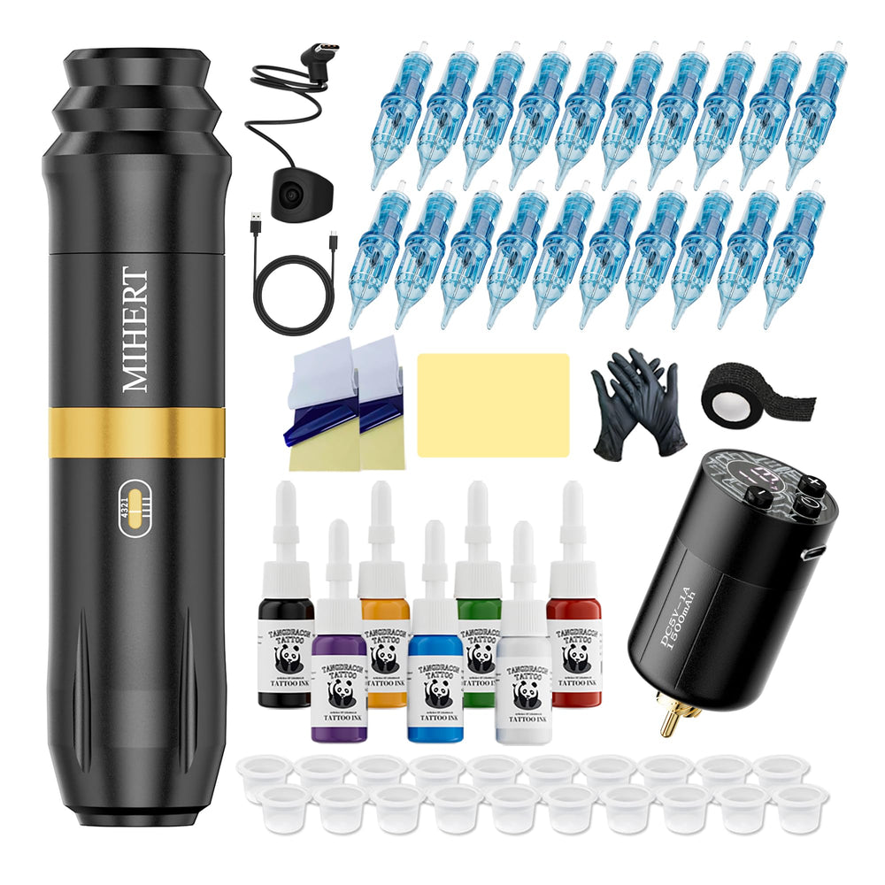MIHERT Tattoo Gun Kit: máquina inalámbrica dorada para trabajo continuo sin cables