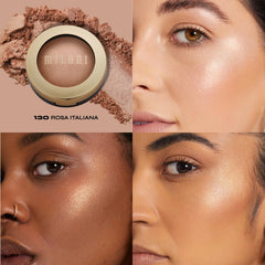 Milani iluminador horneado Rosa Italiana, pómulos con brillo luminoso y piel radiante.
