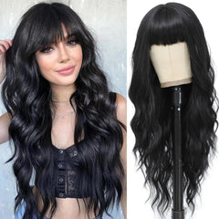 MINSEEYOO wig largo negro ondulado para uso diario, aspecto natural