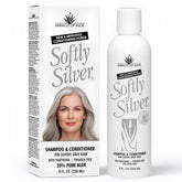 Miracle of Aloe Softly Silver shampoo bottle pour shows vibrant gray hair care use.