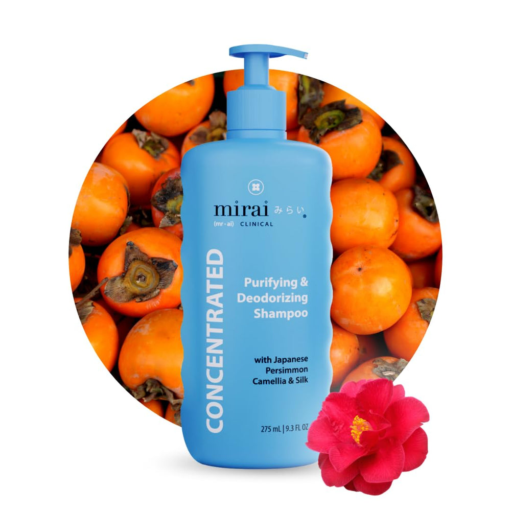 Mirai Persimmon Shampoo en botella para cabello maduro y color tratado, eliminando olores.