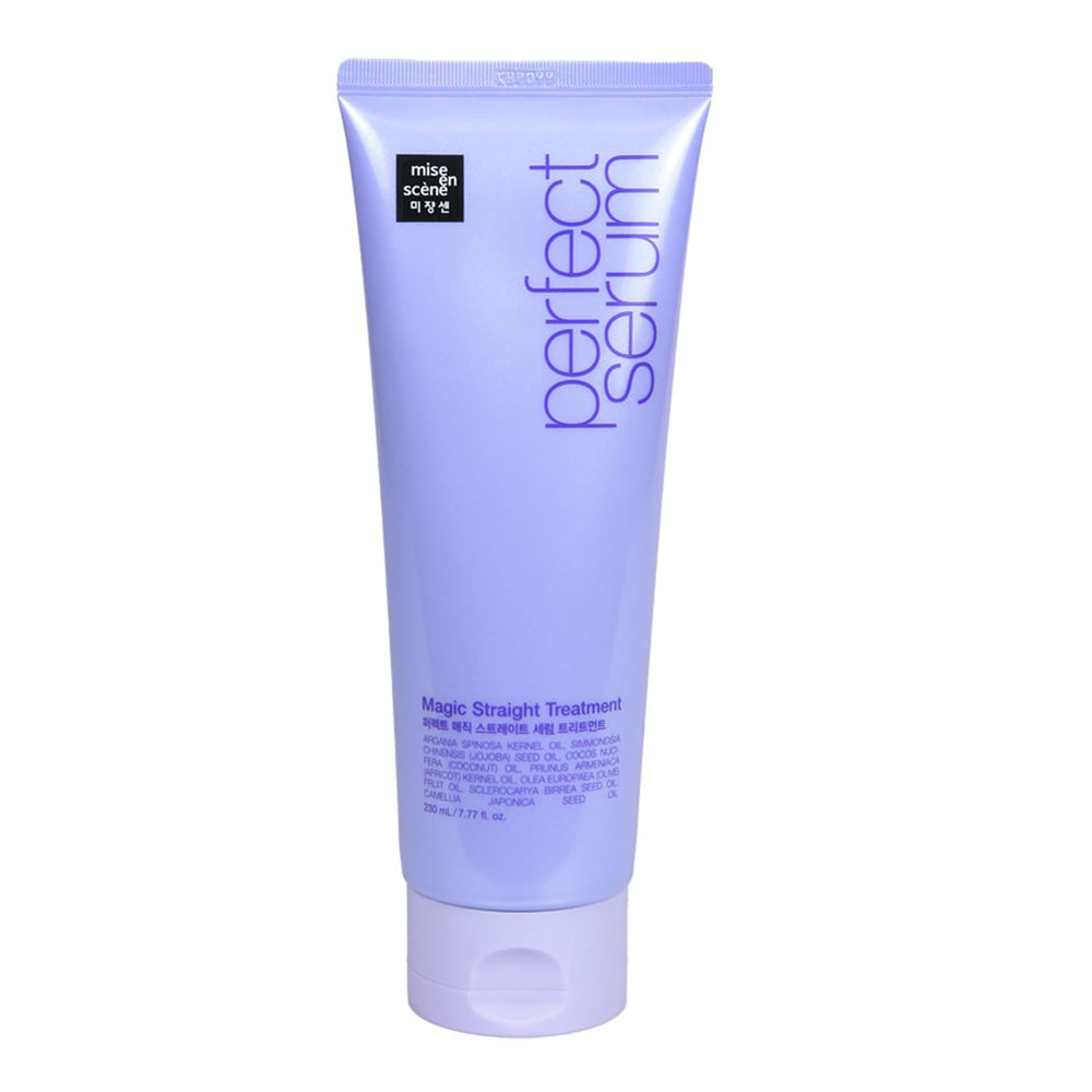 Mise En Scene Perfect Magic Straight Serum, botella elegante para alisado suave y brillo duradero.